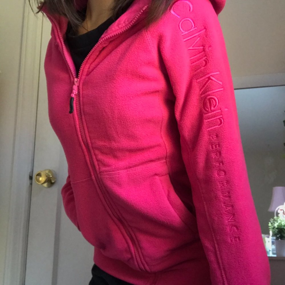pink calvin klein fleece zip up sweater